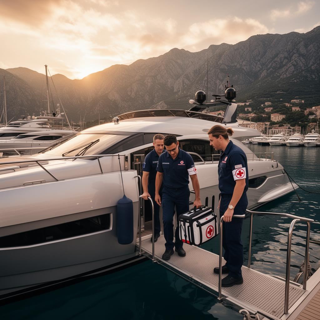 Medical crew boarding luxury yacht in Porto Montenegro marina